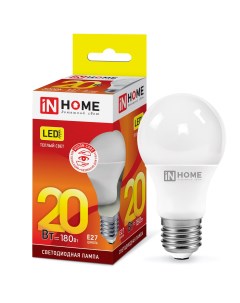 Лампа светодиодная E27 груша A60 20Вт 3000K теплый свет 1800лм 4690612020297 LED A60 VC 469061202029 In home