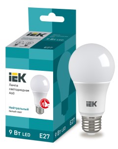 Лампа светодиодная E27 груша/A60, 9Вт, 4000K / нейтральный свет, 810лм, IEK (LLE-A60-9-230-40-E27) Iek