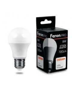 Лампа светодиодная E27 груша A60 9Вт 2700K теплый свет 720лм LB 1009 38026 Feron.pro