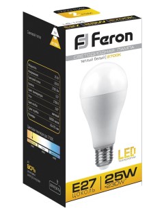 Лампа светодиодная E27 груша A65 25Вт 2700K теплый свет 2100лм LB 100 25790 Feron
