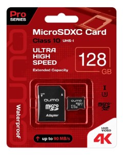 Карта памяти 128Gb microSDXC Pro Class 10 UHS I U3 адаптер Qumo