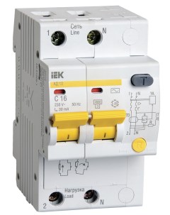 Выключатель автоматический дифференциального тока АД12 2P B 16А AC 30мА MAD10 2 016 C 030 Iek