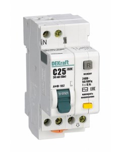 Выключатель автоматический дифференциального тока ДИФ 102 1P N C 25А AC 30мА электронный 16005DEK Dekraft