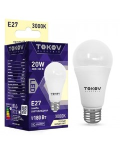 Лампа светодиодная E27 свеча A 20Вт 3000K 3000K белый 1800лм TKE A60 E27 20 3K Tokov electric