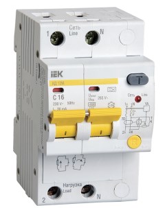 Выключатель автоматический дифференциального тока АД12М 2P C 16А AC 30мА электронный MAD12 2 016 C 0 Iek