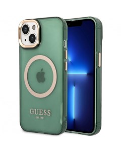 Чехол pc tpu metal outline hard translucent magsafe для iphone 14 зеленый золотой Guess