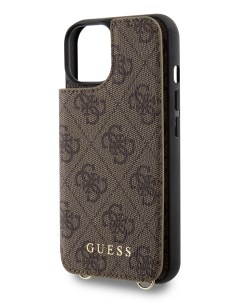 Чехол для iPhone 14 с ремешком и карманом для карт коричневый Guess