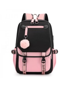 Рюкзак с помпоном для учащихся Черно розовый Daprivet