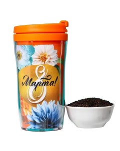 Подарочный набор 8 марта чай черный со вкусом тропических фруктов 20 г термостакан 250 Nobrand