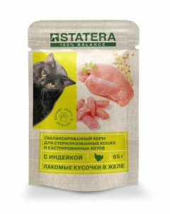 Влажный корм для кошек с индейкой для стерилизованных в желе 25шт по 85г Statera