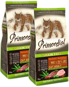 Сухой корм для кошек беззерновой с уткой и индейкой 2 шт по 2 кг Primordial