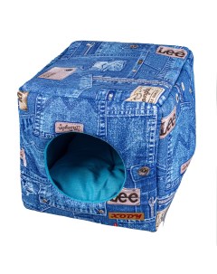 Домик для кошек и собак Куб трансформер 3 хлопок джинс синий 30x33x30см Xody