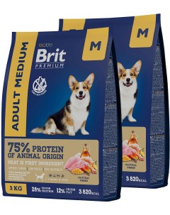 Сухой корм для собак средних пород Premium с курицей 2 шт по 3 кг Brit*
