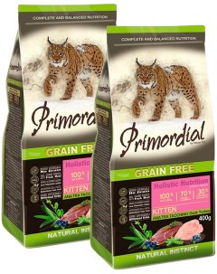 Сухой корм для котят беззерновой с уткой и индейкой 2 шт по 0 4 кг Primordial
