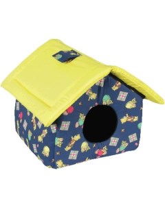 Домик для кошек и собак с крышей ситец синий желтый 38x31x37см Зооник