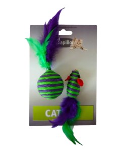Игрушка для кошек Мышка и мячик с перьями вязаные зеленый фиолетовый 5 см 2 шт Papillon