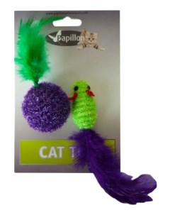 Игрушка для кошек Мышка и мячик с перьями зеленый фиолетовый 5 см 2 шт Papillon
