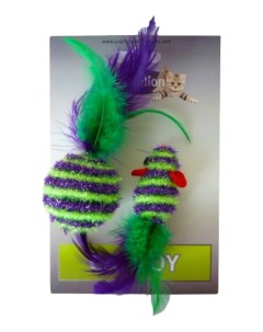 Игрушка для кошек Мышка и мячик с перьями зеленый синий фиолетовый 5 см 2 шт Papillon