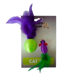 Игрушка для кошек Мышка и мячик с перьями зеленый синий фиолетовый 5 см 2 шт Papillon
