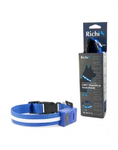 Ошейник для собак LED светящийся синий 3 режима 32 34 см Richi