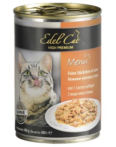 Консервы для кошек 3 вида мяса нежные кусочки в соусе 12 шт по 400 г Edel cat