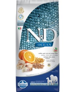Сухой корм для собак N D Ocean Adult Medium Maxi треска спельта овес апельсин 12кг Farmina