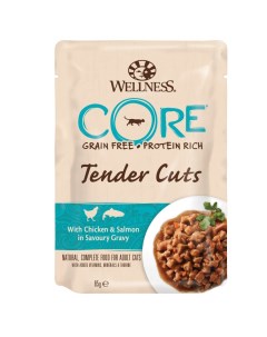 Влажный корм для кошек Tender Cuts кусочки курицы и лосося 24шт по 85г Wellness core