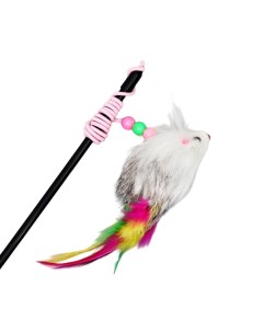 Дразнилка удочка мышь натуральный мех с перьями микс цветов Пижон