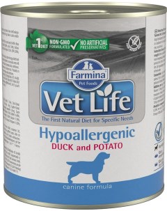 Консервы для собак Vet Life Hypoallergenic с уткой и картофелем 6шт по 300г Farmina