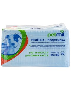 Пеленки для животных впитывающие целлюлозные 60 х 60 см 30 шт Petmil