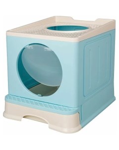 Туалет домик складной с выдвижным лотком и совком для кошек голубо белый Bentfores