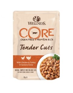 Влажный корм для кошек Tender Cuts курица и индейка в пикантном соусе 85г Wellness core