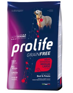 Сухой корм для собак Grain Free Sensitive Medium Large говядина картофель 10кг Prolife