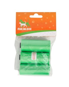 Пакеты для уборки за собаками однотонные 3 рулона по 15 пакетов 29х21 см зелёные Пижон
