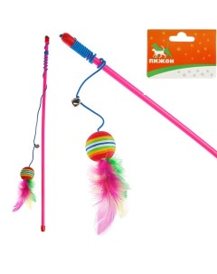Дразнилка с цветным шариком и перьями 49 см розовая палочка Пижон