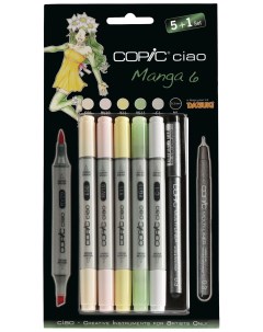 Набор двухсторонних маркеров Ciao Manga 6 серый розовый зеленый желтый черный Copic