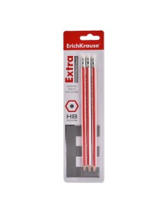 Чернографитный шестигранный карандаш с ластиком Extra HB блистер 3 Erich krause