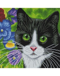 Алмазная мозаика Кот в анютиных глазках полн выкладк 30х30 см квадр стразы Белоснежка