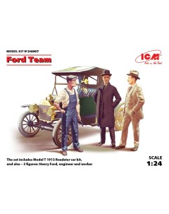 Сборная модель 1 24 Автомобиль Model T 1913 Roadster и набор фигур команда Форда 24007 Icm