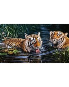 Алмазная мозаика Тигры в воде полная выкладка 40х70 см квадратные стразы Гранни