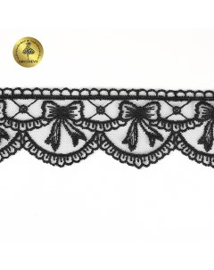 Кружево на сетке матовая нить с бантиками арт TR 635 60мм цвет черный уп 10м Kruzhevo