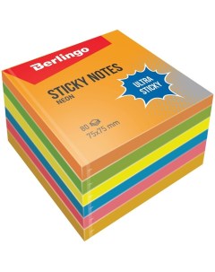 Блок самоклеящийся Ultra Sticky 75х75 мм 6х80 листов 6 неоновых цветов 250г Berlingo