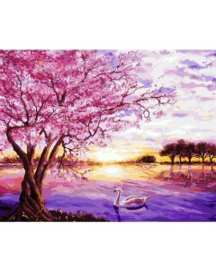Картина по номерам Сакура и лебедь 30x40 Цветной