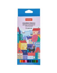 Карандаши цветные Городок 12 цветов трехгранный корпус с заточкой Hatber