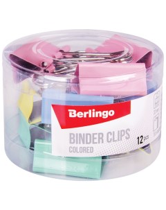 Зажимы для бумаг 32мм 12шт цветные пластиковый тубус Berlingo