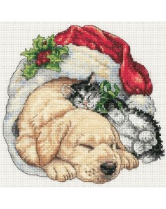 Набор для вышивания крестом Щенок и котенок рождественским утром 15x15 см а Dimensions