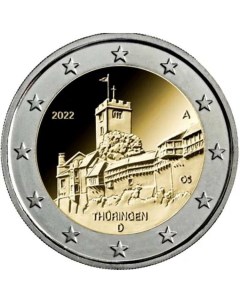Памятная монета 2 евро Тюрингия замок Вартбург Германия 2022 г в из мешка Nobrand