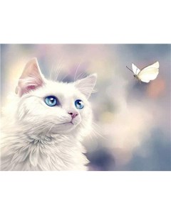 Алмазная мозаика стразами Белый кот и бабочка 00114352 30х40 см Ripoma