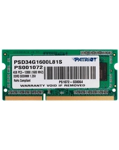 Модуль памяти SO-DIMM DDR3L 4Gb PC12800 1600Mhz Patriot Memory (PSD34G1600L81S) Patriot memory