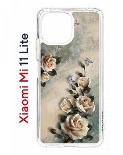 Чехол на Xiaomi Mi 11 Lite Kruche Print Белые розы противоударный бампер с защитой камеры